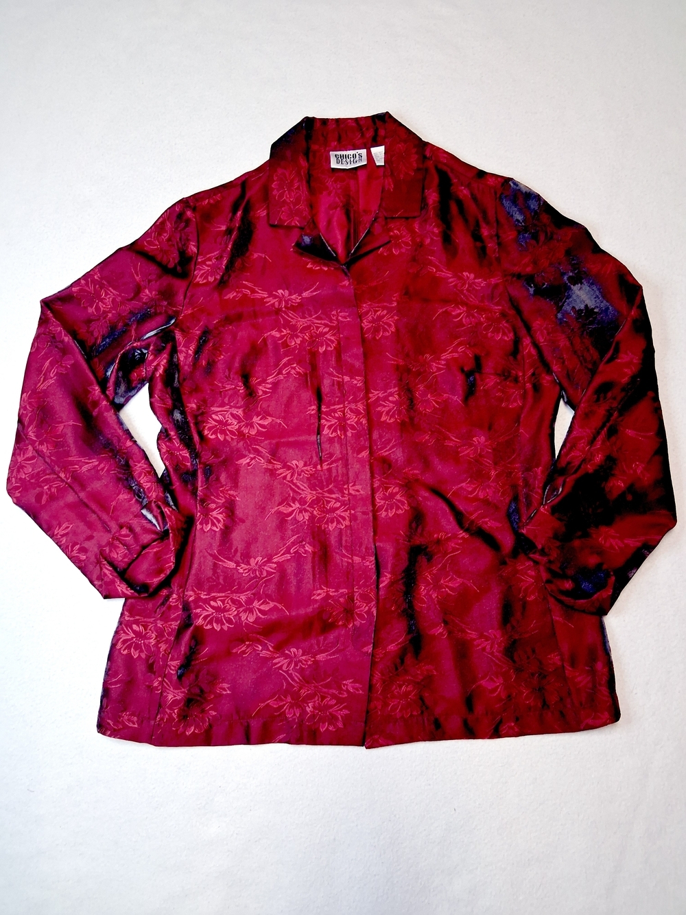 Chico's Deep Berry Red Floral Satin Button-Up Jacket